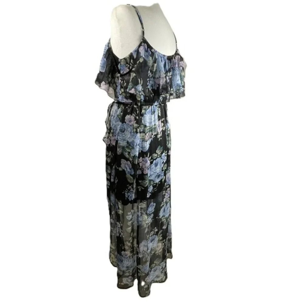 Abercrombie & Fitch XS Floral Ruffle Maxi Dress Sheer‎ Overlay Adjustable Straps